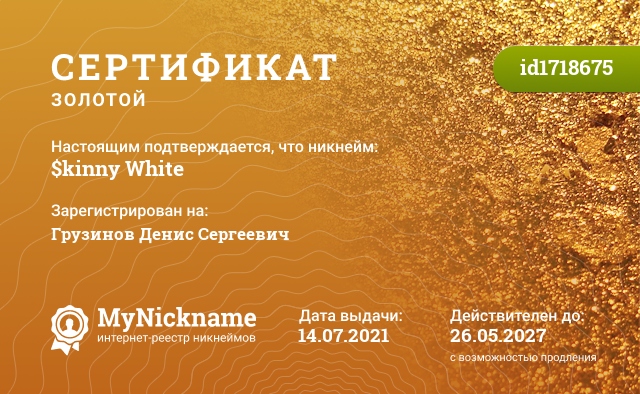 Сертификат на никнейм $kinny White, зарегистрирован на Грузинов Денис Сергеевич