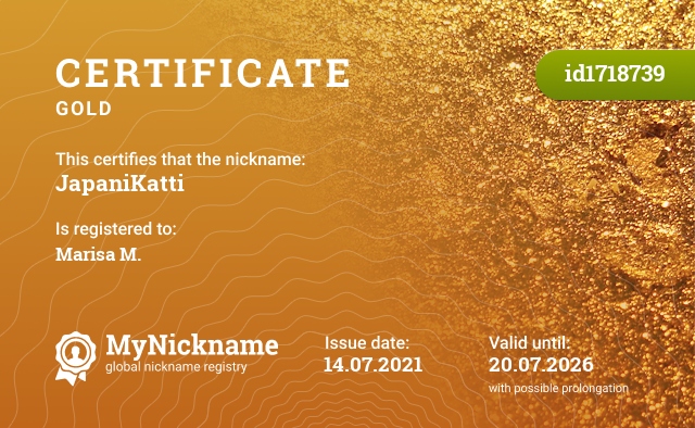 Certificate for nickname JapaniKatti, registered to: Marisa M.