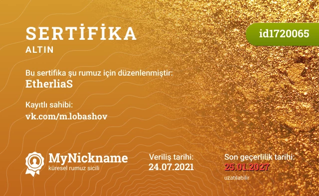 EtherliaS rumuzu için sertifika, kayıtlı sahibi: vk.com/m.lobashov
