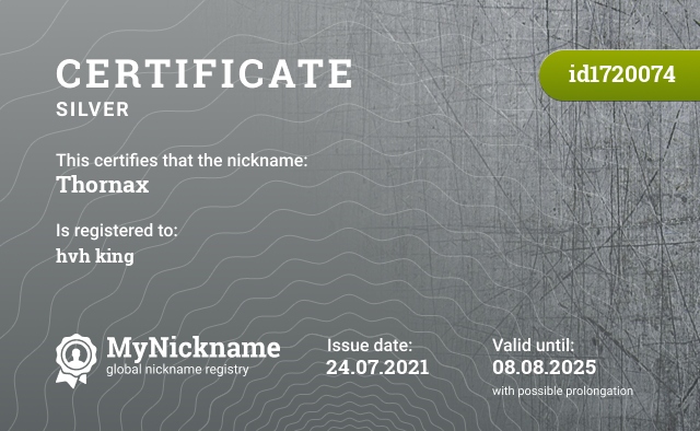 Certificate for nickname Thornax, registered to: hvh king