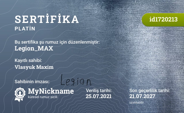 Legion_MAX rumuzu için sertifika, kayıtlı sahibi: Vlasyuk Maxim