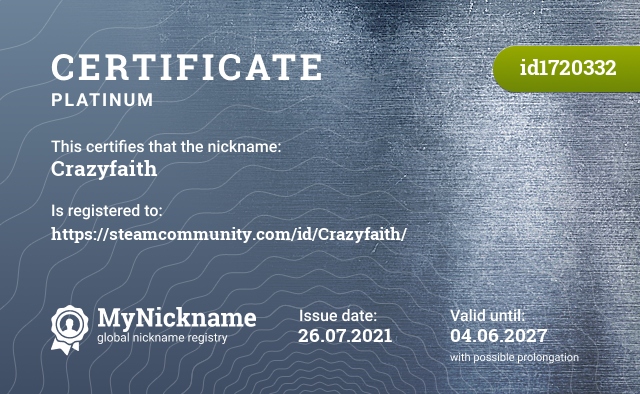 Certificate for nickname Crazyfaith, registered to: https://steamcommunity.com/id/Crazyfaith/
