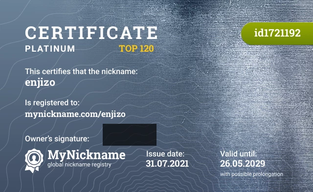 Certificate for nickname enjizo is registered to: mynickname.com/enjizo