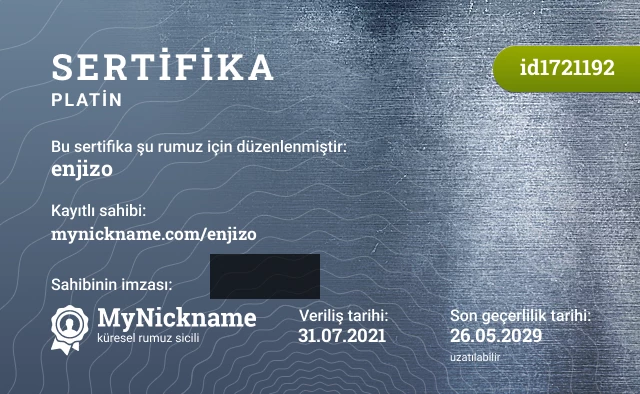 enjizo rumuzu için sertifika, kayıtlı sahibi: mynickname.com/enjizo