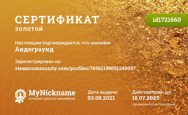Сертификат на никнейм Андеграунд, зарегистрирован на steamcommunity.com/profiles/76561199051240057
