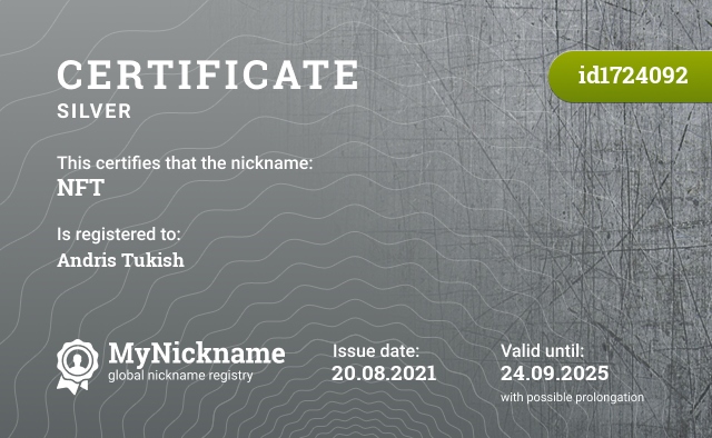 Certificate for nickname NFT, registered to: Andris Tukish