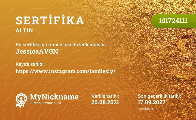 JessicaAVGN rumuzu için sertifika, kayıtlı sahibi: https://www.instagram.com/landlesly/