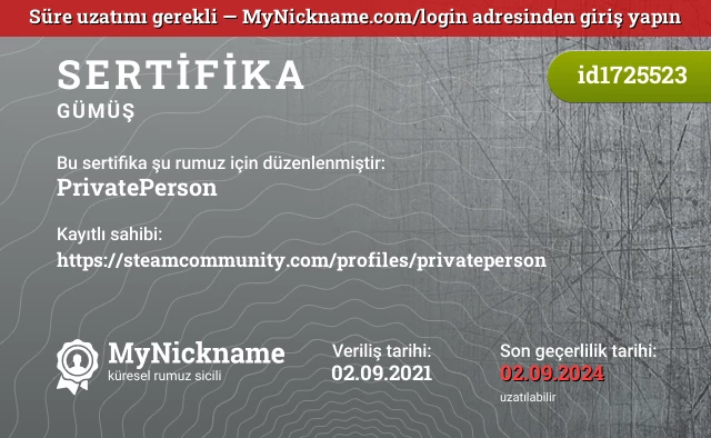 PrivatePerson rumuzu için sertifika, kayıtlı sahibi: https://steamcommunity.com/profiles/privateperson