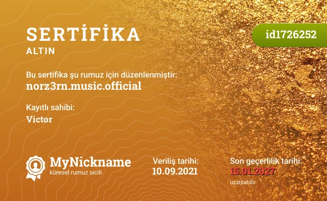 norz3rn.music.official rumuzu için sertifika, kayıtlı sahibi: Victor