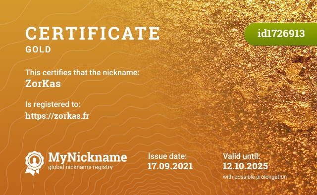 Certificate for nickname ZorKas, registered to: https://zorkas.fr