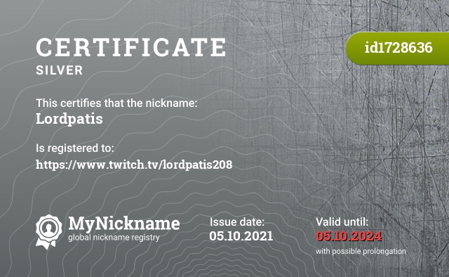 Certificate for nickname Lordpatis, registered to: https://www.twitch.tv/lordpatis208
