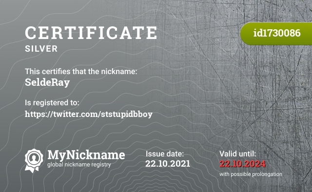 Certificate for nickname SeldeRay, registered to: https://twitter.com/ststupidbboy