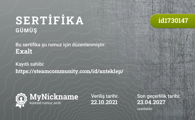 Exalt rumuzu için sertifika, kayıtlı sahibi: https://steamcommunity.com/id/anteklep/