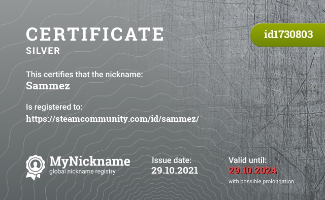 Certificate for nickname Sammez, registered to: https://steamcommunity.com/id/sammez/