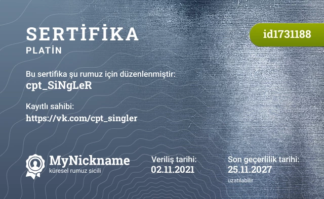 cpt_SiNgLeR rumuzu için sertifika, kayıtlı sahibi: https://vk.com/cpt_singler