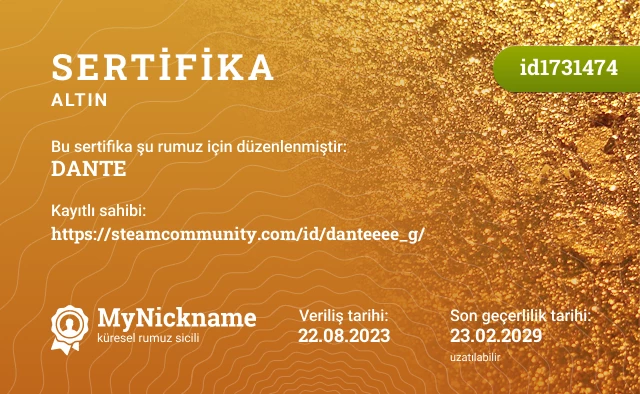 DANTE rumuzu için sertifika, kayıtlı sahibi: https://steamcommunity.com/id/danteeee_g/