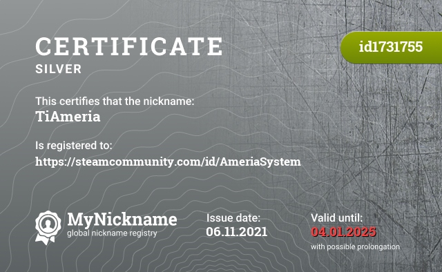 Certificate for nickname TiAmeria, registered to: https://steamcommunity.com/id/AmeriaSystem