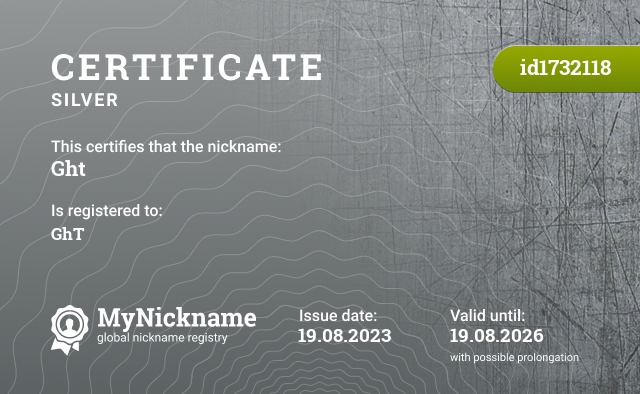 Certificate for nickname Ght, registered to: GhT