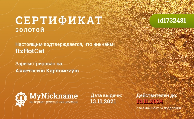 Сертификат на никнейм ItzHotCat, зарегистрирован на Анастасию Карловскую