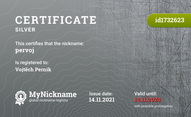 Certificate for nickname pervoj, registered to: Vojtěch Perník