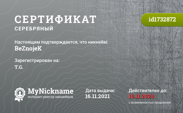 Сертификат на никнейм BeZnojeK, зарегистрирован на T.G.