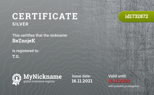 Certificate for nickname BeZnojeK, registered to: T.G.
