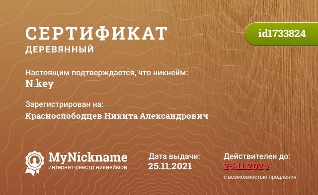 Сертификат на никнейм N.key, зарегистрирован на Краснослободцев Никита Александрович 