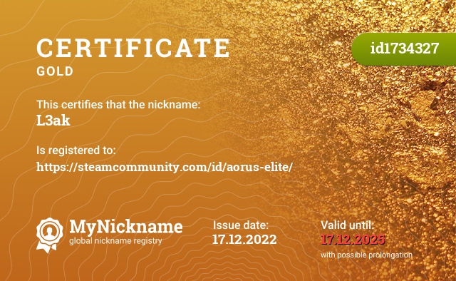 Certificate for nickname L3ak, registered to: https://steamcommunity.com/id/aorus-elite/
