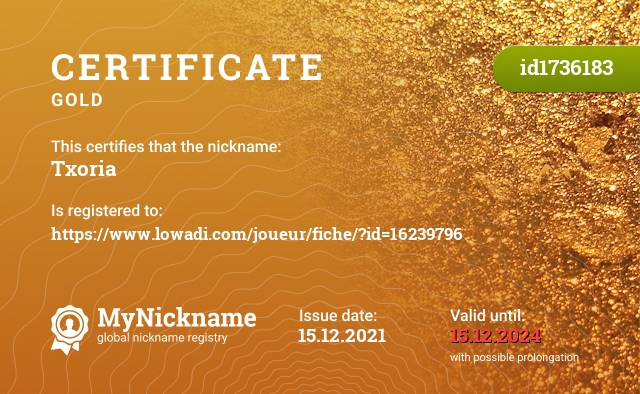 Certificate for nickname Txoria, registered to: https://www.lowadi.com/joueur/fiche/?id=16239796