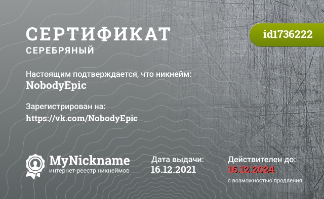 Сертификат на никнейм NobodyEpic, зарегистрирован на https://vk.com/NobodyEpic