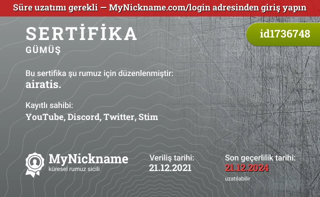 airatis. rumuzu için sertifika, kayıtlı sahibi: YouTube, Discord, Twitter, Stim