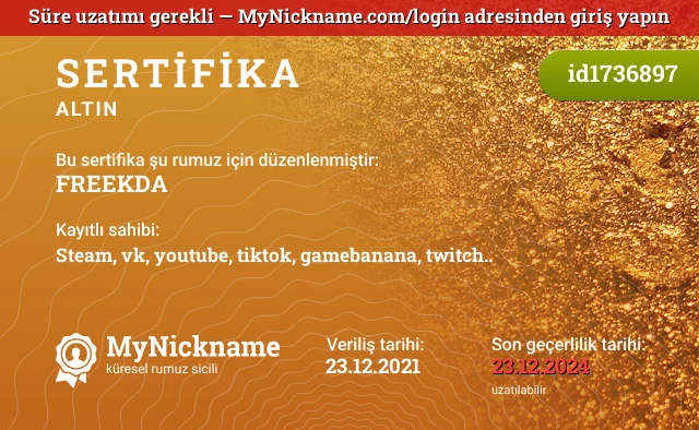 FREEKDA rumuzu için sertifika, kayıtlı sahibi: Steam, vk, youtube, tiktok, gamebanana, twitch..