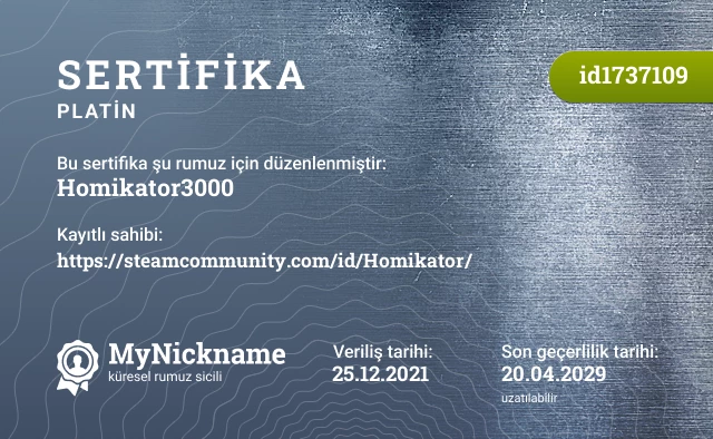Homikator3000 rumuzu için sertifika, kayıtlı sahibi: https://steamcommunity.com/id/Homikator/