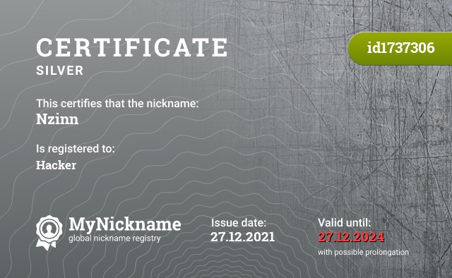 Certificate for nickname Nzinn, registered to: Hacker