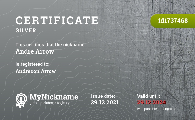 Certificate for nickname Andre Arrow, registered to: Andreson Arrow