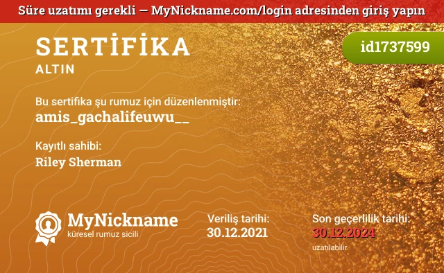 amis_gachalifeuwu__ rumuzu için sertifika, kayıtlı sahibi: Riley Sherman