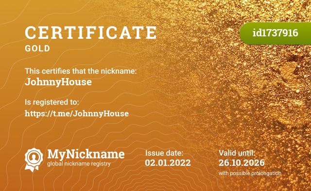 Certificate for nickname JohnnyHouse, registered to: https://t.me/JohnnyHouse