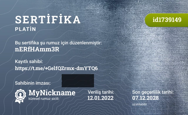 nERfHAmm3R rumuzu için sertifika, kayıtlı sahibi: https://t.me/+GelfQZrmx-dmYTQ6