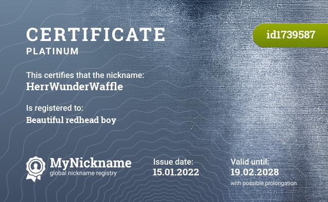 Certificate for nickname HerrWunderWaffle, registered to: Beautiful redhead boy