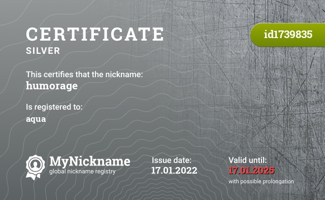 Certificate for nickname humorage, registered to: aqua