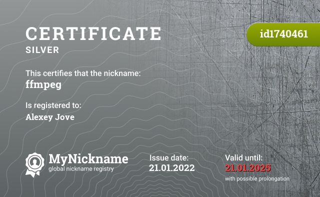 Certificate for nickname ffmpeg, registered to: Alexey Jove