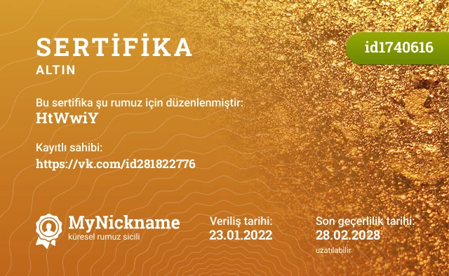 HtWwiY rumuzu için sertifika, kayıtlı sahibi: https://vk.com/id281822776