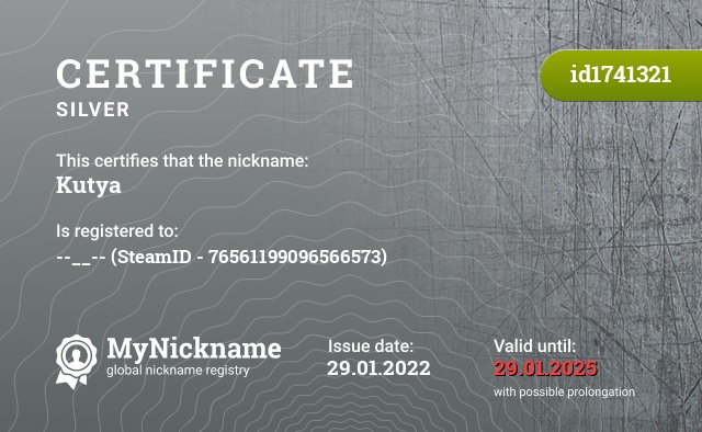 Certificate for nickname Kutya, registered to: --__-- (SteamID - 76561199096566573)