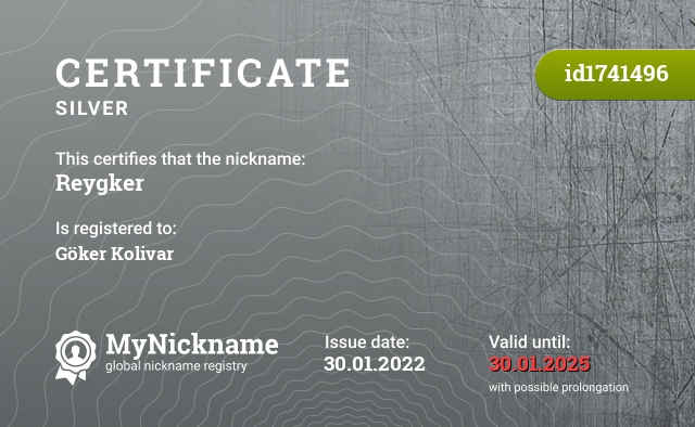 Certificate for nickname Reygker, registered to: göker kolivar