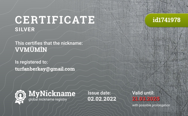 Certificate for nickname VVMÜMİN, registered to: turfanberkay@gmail.com