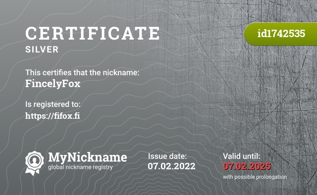 Certificate for nickname FincelyFox, registered to: https://fifox.fi