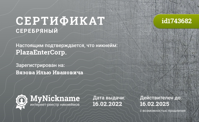 Сертификат на никнейм PlazaEnterCorp., зарегистрирован на Вязова Илью Ивановича