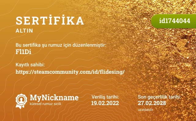 Fl1Di rumuzu için sertifika, kayıtlı sahibi: https://steamcommunity.com/id/flidesing/