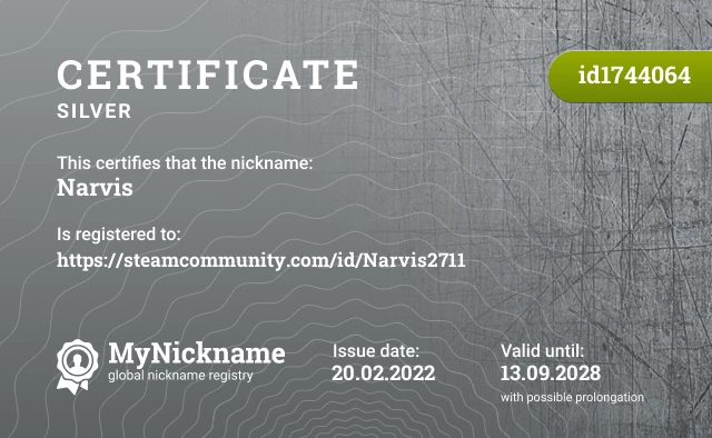 Certificate for nickname ⛧Narvis is registered to: https://steamcommunity.com/id/Narvis2711