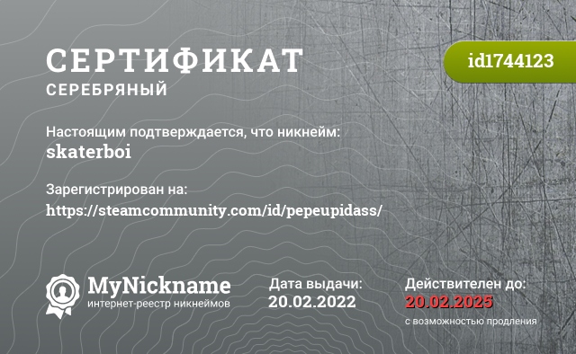 Сертификат на никнейм skaterboi, зарегистрирован на https://steamcommunity.com/id/pepeupidass/